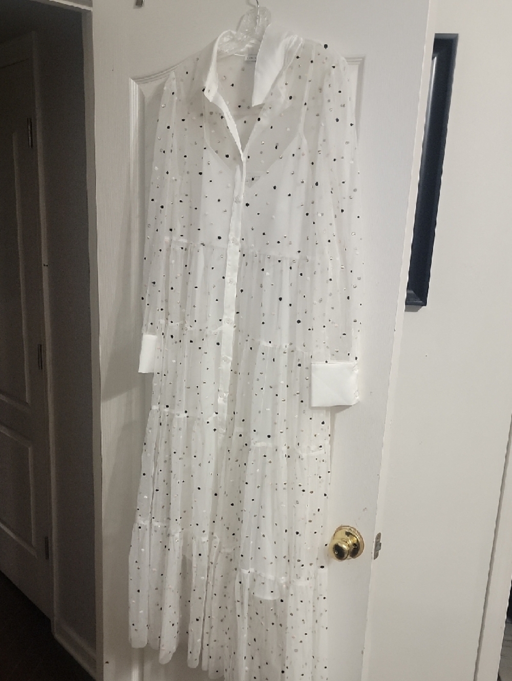 English Factory White Sheer Polka Dot Maxi Shirt Dress - Picture 2 of 5